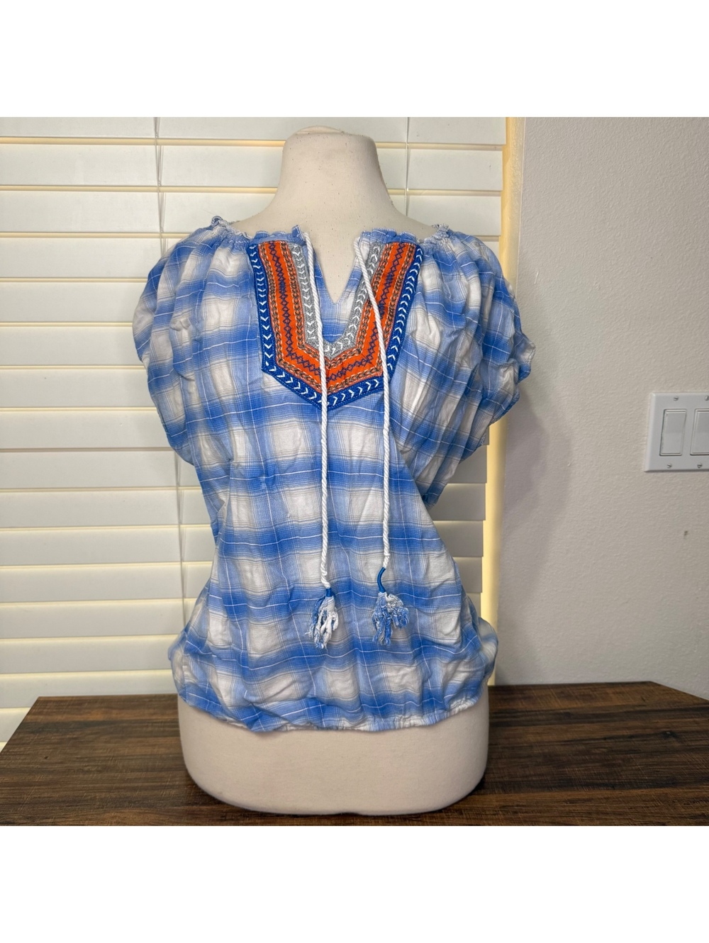 Democracy Blue and White Plaid Blouse with Embroidered Neckline Size S
